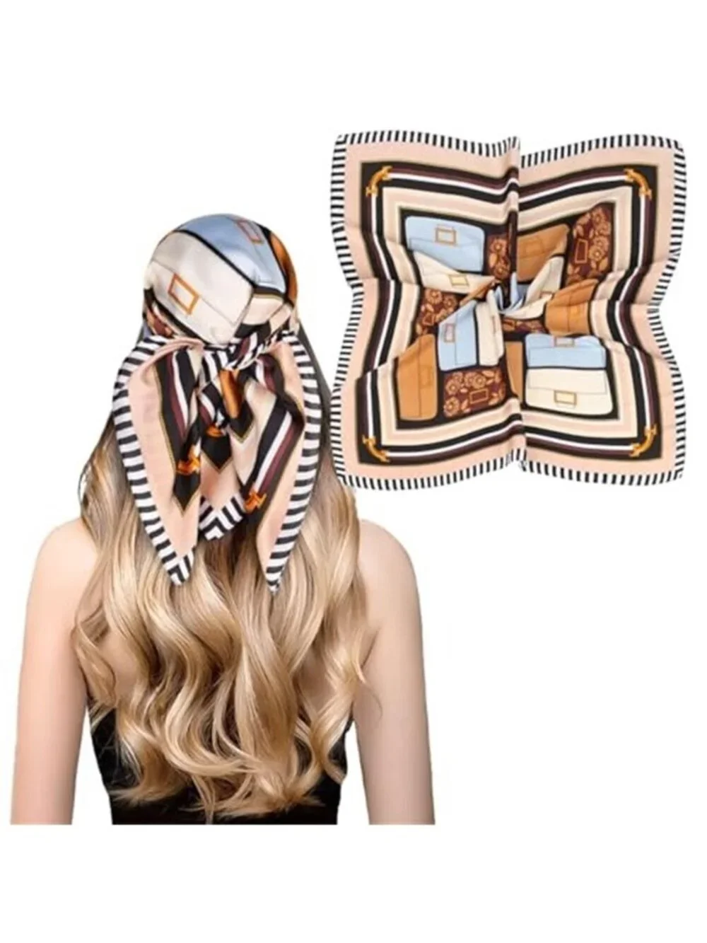Fashion Silk Satin Head Scarf Bandana Bag Pattern Brown Striped Edge